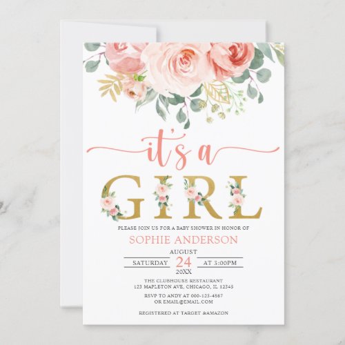 Its a Girl Blush Pink Gold Floral Baby Shower  Invitation