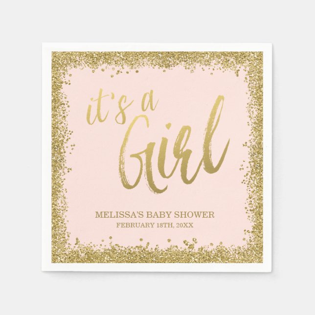 It's a Girl Blush Pink Gold Glitter Baby Shower Napkins (Front)