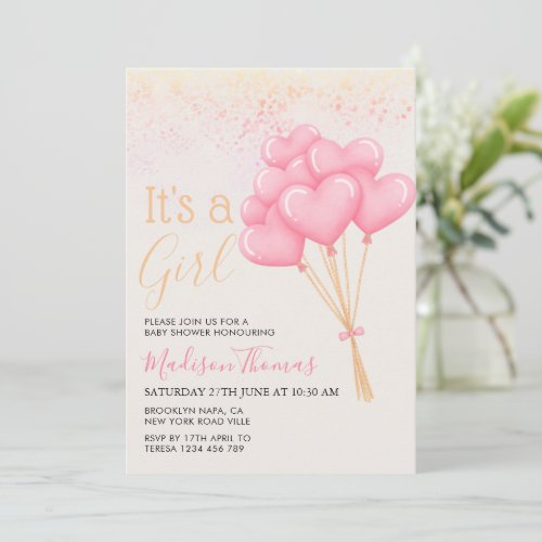 Its a Girl Blush Pink Heart Balloons Baby Shower Invitation