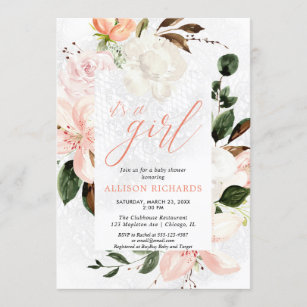 It's a girl blush pink lace floral baby shower invitation