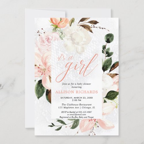 Its a girl blush pink lace floral baby shower invitation
