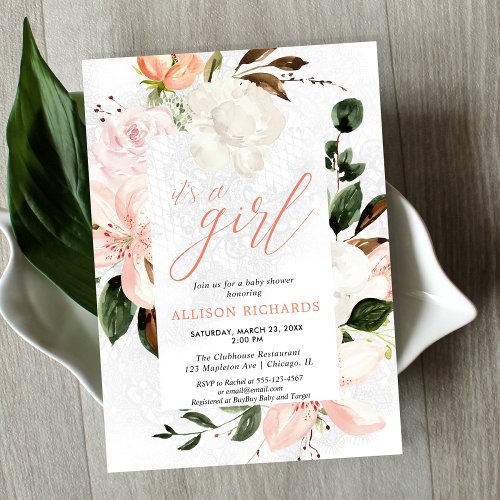 Its a girl blush pink lace floral baby shower invitation