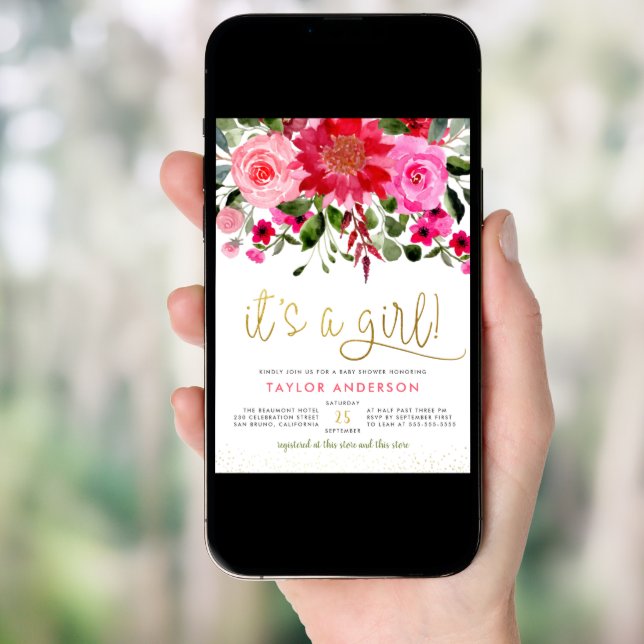 It's A Girl! Blush Pink & Red Floral Baby Shower Invitation (Front Digital)