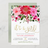 It's A Girl! Blush Pink & Red Floral Baby Shower Invitation