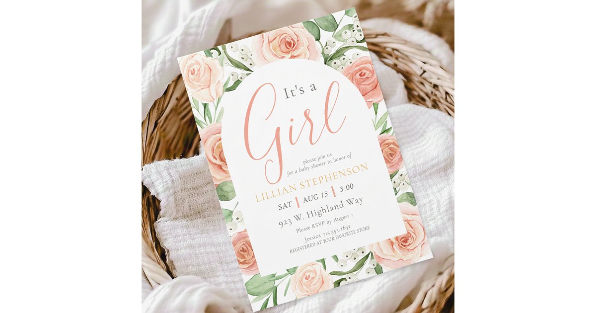 Its A Girl Blush Pink Rose Floral Baby Shower Invitation | Zazzle