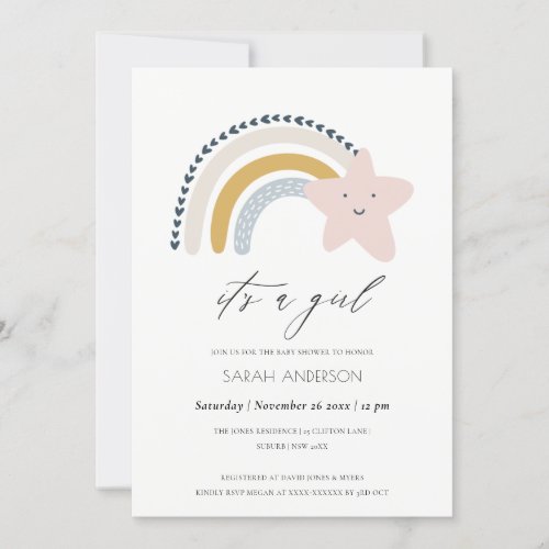 ITS A GIRL BLUSH STAR RAINBOW BABY SHOWER INVITE