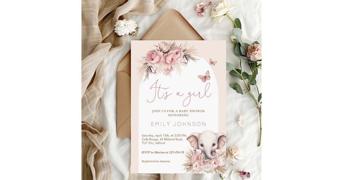 It's A Girl Boho Elephant Pink Baby Shower Invitation | Zazzle