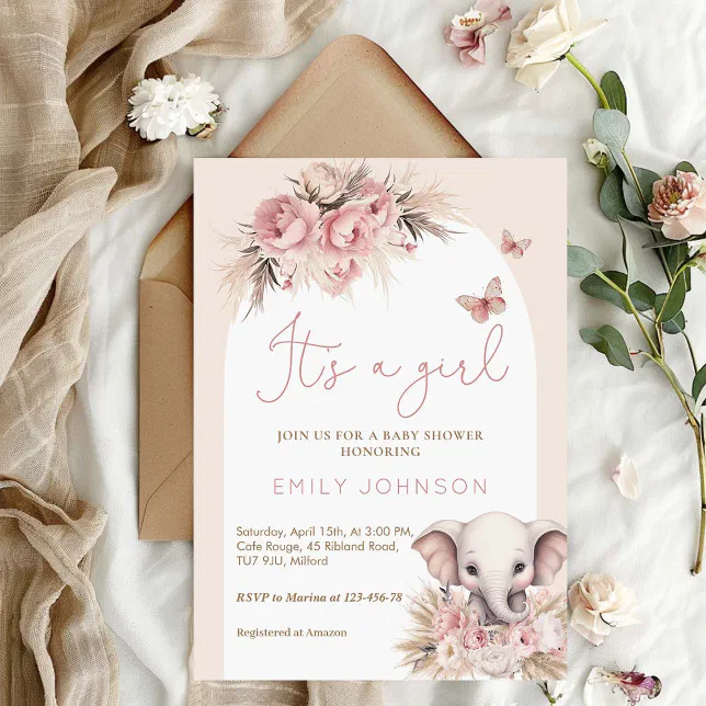 It's A Girl Boho Elephant Pink Baby Shower Invitation | Zazzle