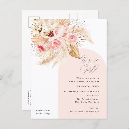 Its a girl boho pampas modern arch floral shower invitation postcard