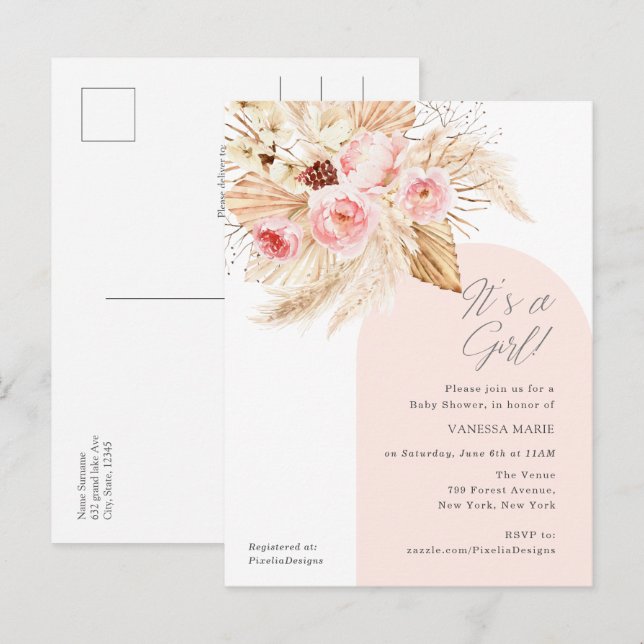 Its a girl boho pampas modern arch floral shower invitation postcard (Front/Back)
