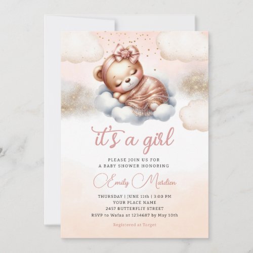 Its a girl Boho Teddy Bear Blush pink baby shower Invitation