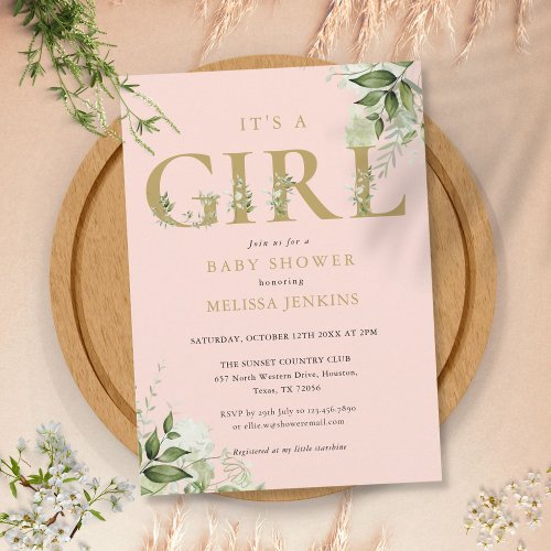Its A Girl Botanical Blush Pink Gold Baby Shower Invitation
