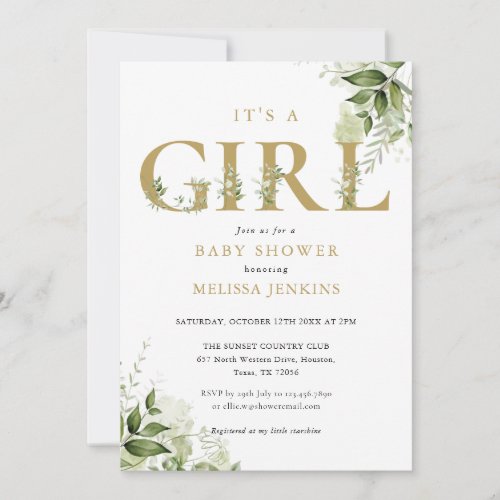 Its A Girl Botanical Gold Letter Baby Shower Invitation