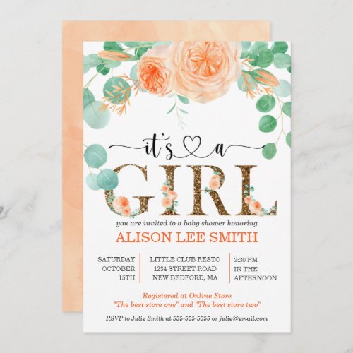 Its a girl Botanical teal and orange Baby Shower