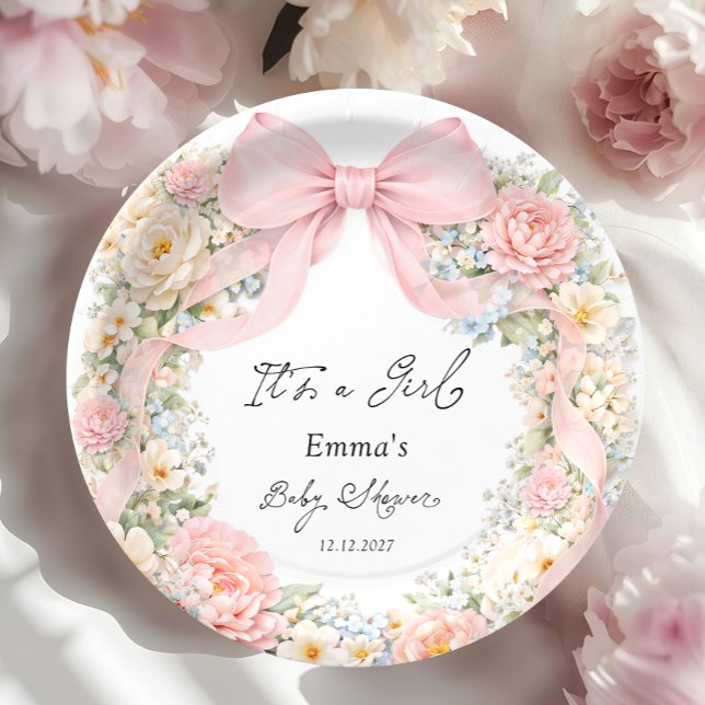 It's a Girl Bow Coquette Bow Baby Shower Paper Plates (Creator Uploaded)