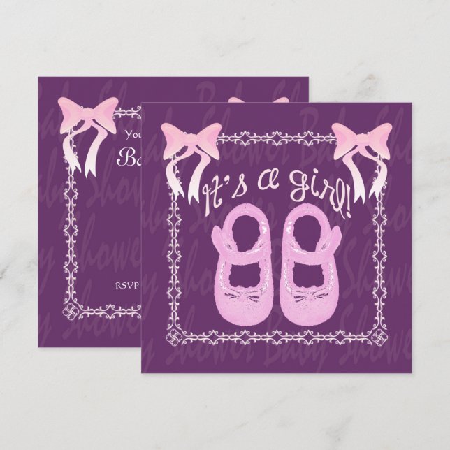 Its a girl Bow Shoes Purple Baby Shower Invite (Front/Back)