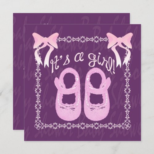 Its a girl Bow Shoes Purple Baby Shower Invite