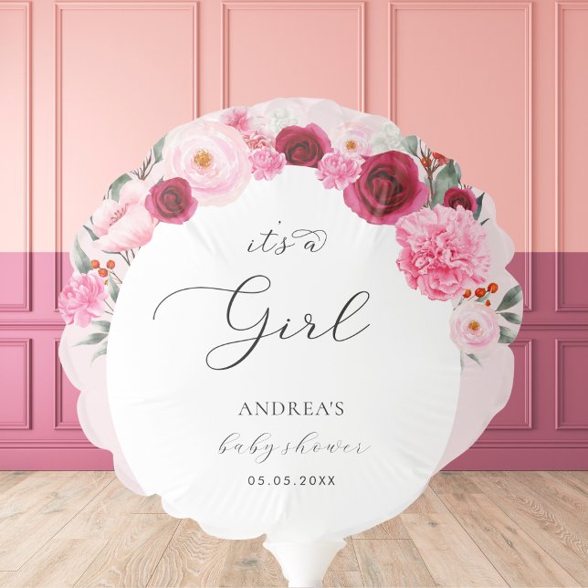 It's a Girl Bright Pink Floral & Berry Baby Shower Balloon (Creator Uploaded)