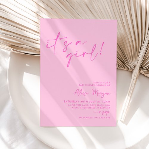 Its a Girl Bright Pink Minimal Baby Shower Invitation