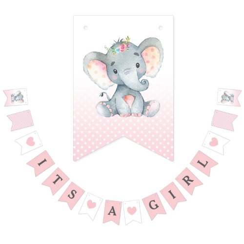 Its A Girl Bunting Flags Banner Elephant Pink