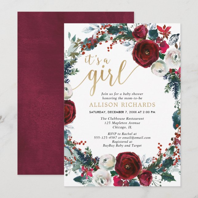 It's a girl burgundy gold christmas baby shower invitation (Front/Back)