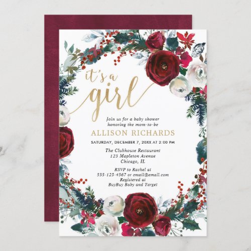Its a girl burgundy gold christmas baby shower invitation