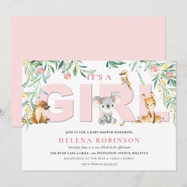 It's A Girl Bush Babies Baby Shower Invitations (Front/Back)