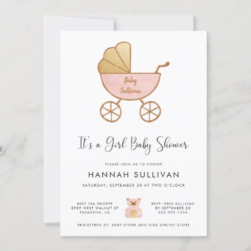 Its a Girl Carriage Pink Gold Watercolor Shower Invitation