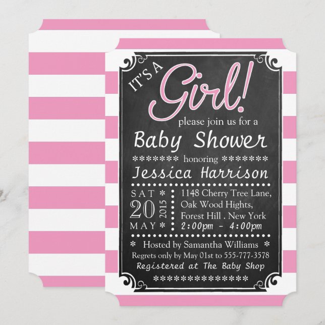 It's A Girl! Chalkboard Baby Shower Invitations (Front/Back)
