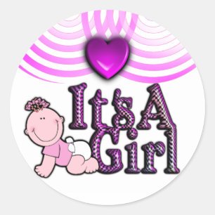 It's A Girl Checked Pink Text w/Baby Sticker Sheet