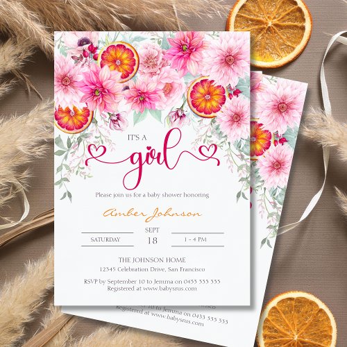 Its A Girl Citrus Pink Floral Cute Baby Shower Invitation