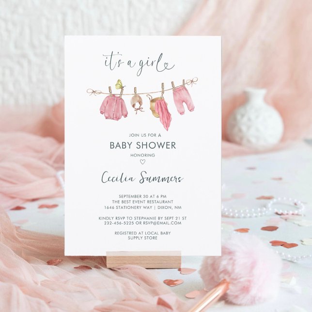 Its a Girl Clothes Watercolor Modern Baby Shower Invitation (Creator Uploaded)