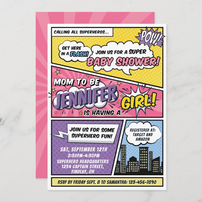 Its A Girl Comic Book Superhero Baby Shower Invitation (Front/Back)