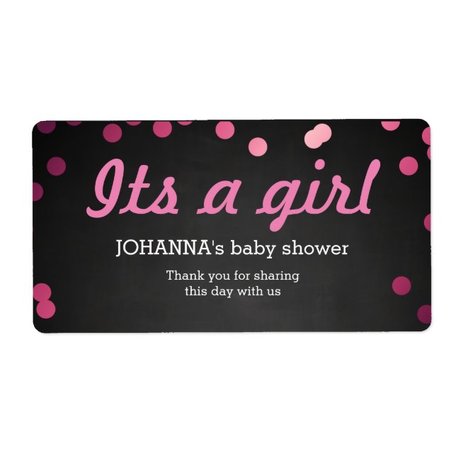 Its A Girl Confetti Chalkboard Water Bottle Favor Label (Front)