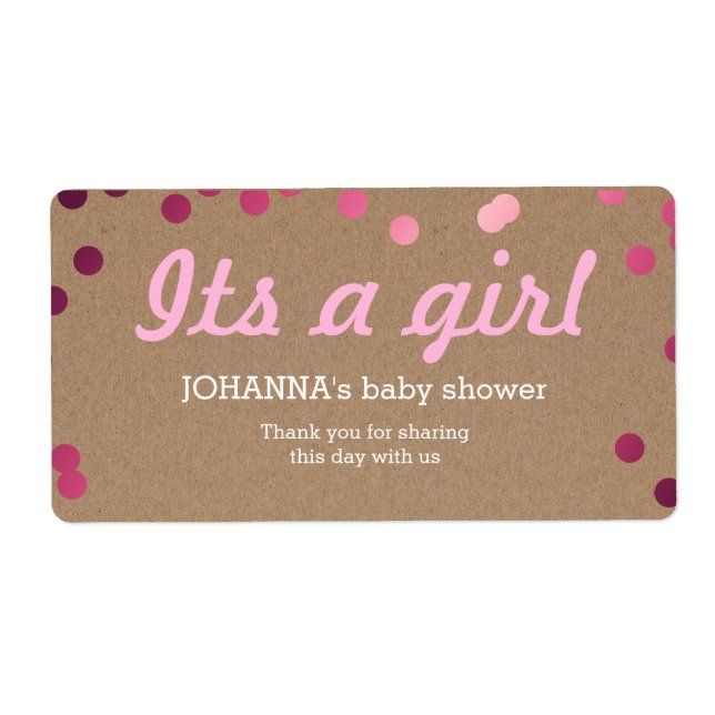 Its A Girl Confetti Kraft Paper Water Bottle Favor Label (Front)