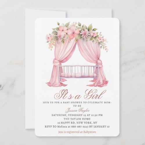 Its a Girl Crib Pink Spring Flowers Baby Shower Invitation