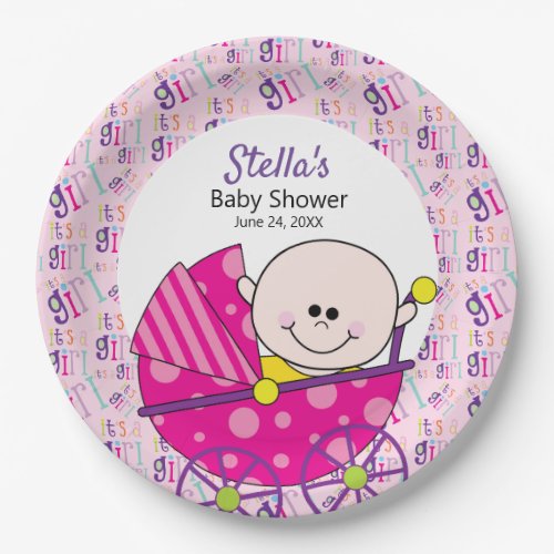Its a Girl Cut Pink Baby Carriage Paper Plates