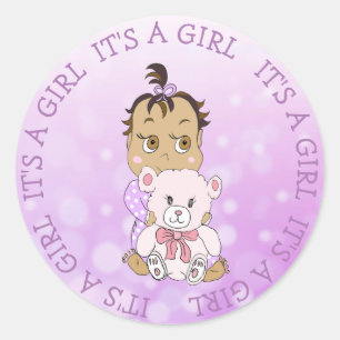 It's a Girl Cute Baby and Teddy Bear Classic Round Sticker