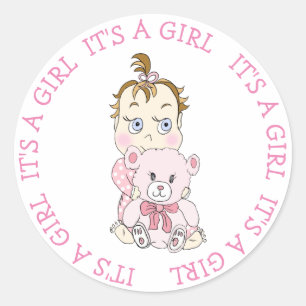 It's a Girl Cute Baby and Teddy Bear Classic Round Sticker