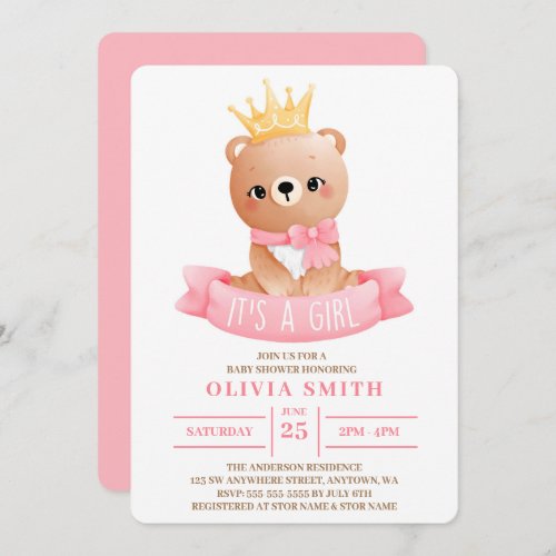 Its a Girl Cute Baby Bear Watercolor Baby Shower Invitation