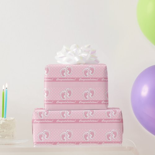 Its A Girl Cute Baby Feet Polkadots On Pastel Pink Wrapping Paper