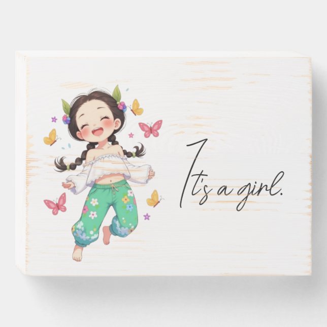 "It's a Girl" Cute Baby Girl Wooden Box Sign (Front Horizontal)