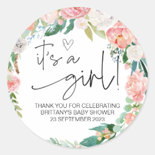 It's a Girl Cute Baby Shower Favor Floral Classic Round Sticker