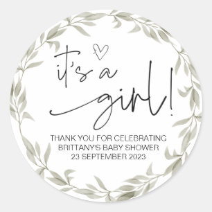 It's a Girl Cute Baby Shower Favor Greenery Classic Round Sticker