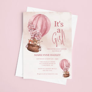 It's a Girl Cute Bear Balloon Baby Shower Invitation