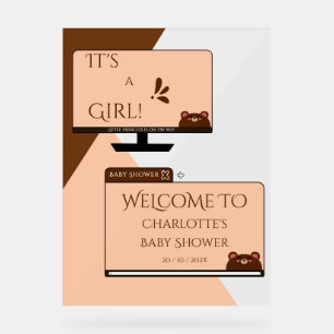 It's A Girl! Cute Bear Computer Screen Baby Shower Acrylic Sign