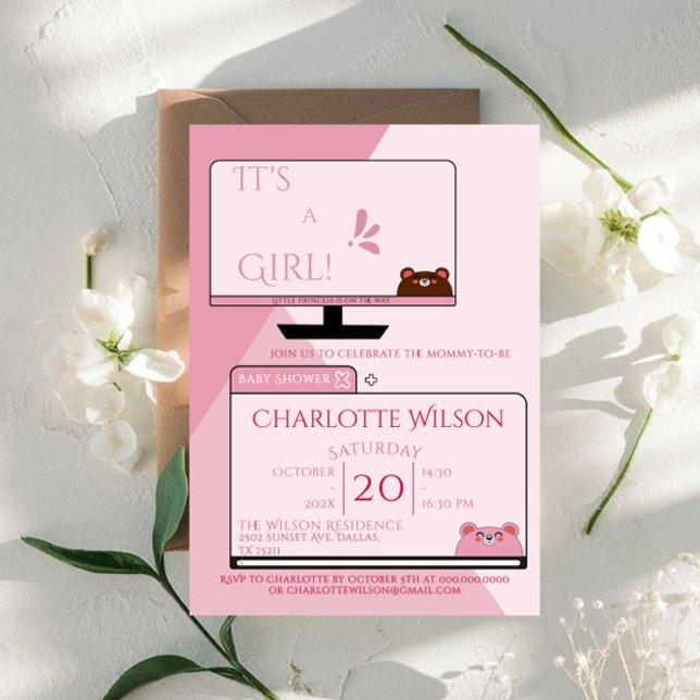 It's A Girl! Cute Bear Computer Screen Baby Shower Invitation (Creator Uploaded)