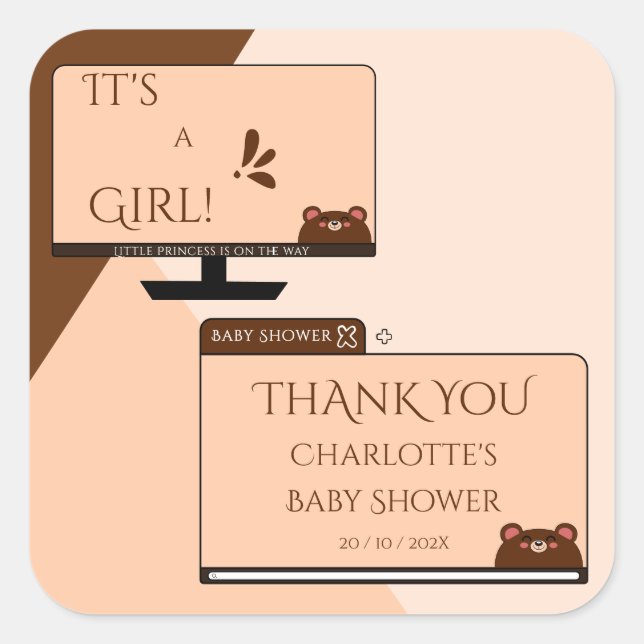 It's A Girl! Cute Bear Computer Screen Baby Shower Square Sticker (Front)