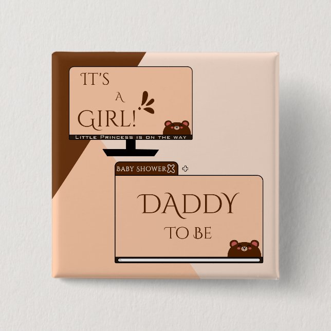 It's A Girl! Cute Bear Computer Screen Daddy-to-be Button (Front)