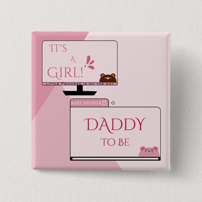 It's A Girl! Cute Bear Computer Screen Daddy-to-be Button (Front)